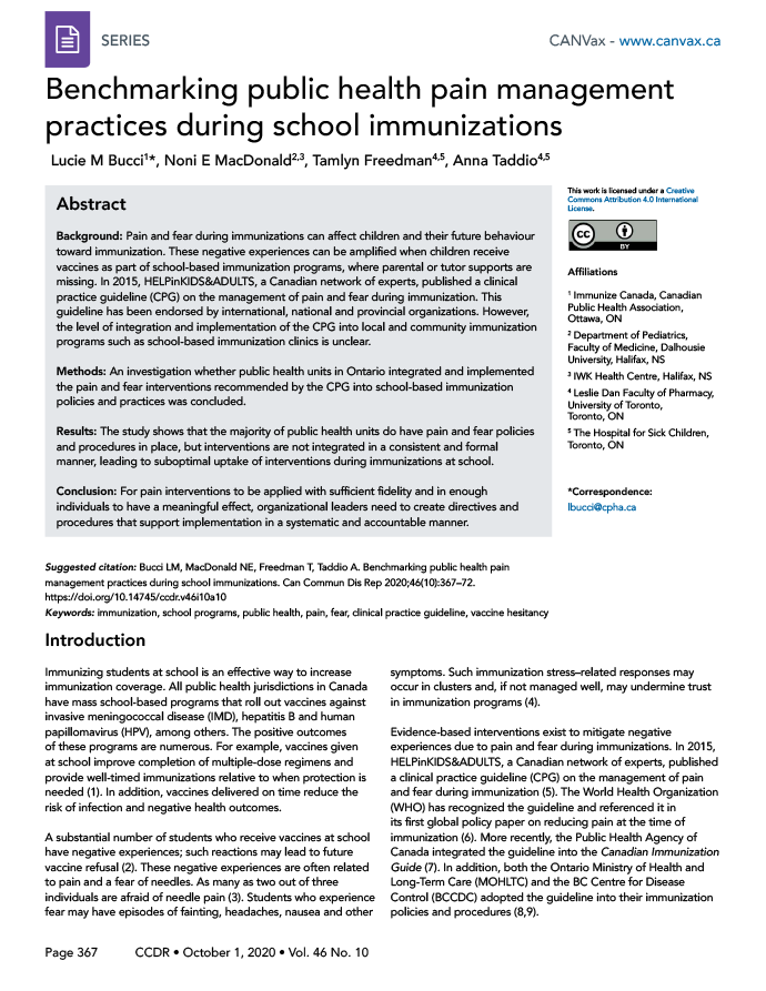 Benchmarking public health pain management practices during school immunizations