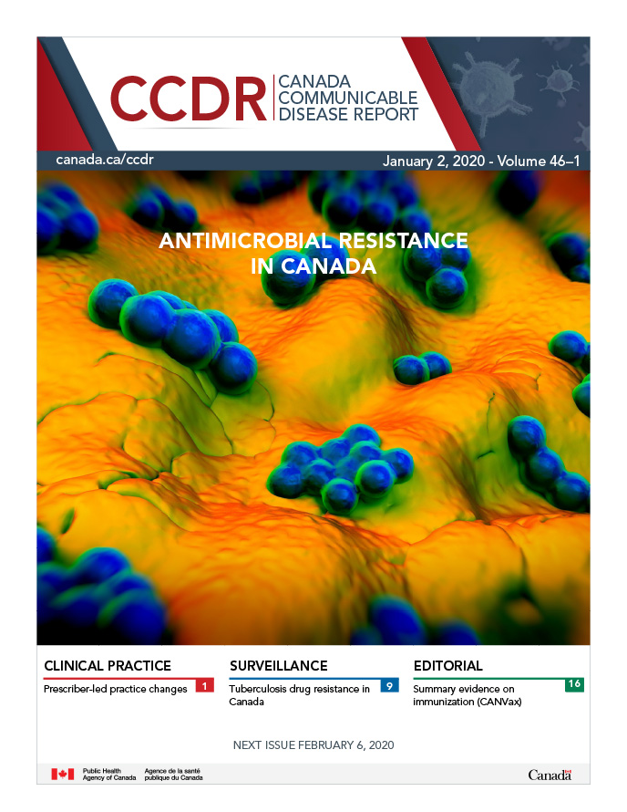 Image of antimicrobial resistance. Cover of latest CCDR issue Volume 46–1, January 2, 2020: Antimicrobial resistance (AMR)